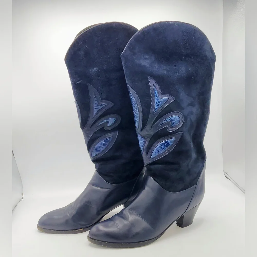 Brunella Italy Vintage Navy Leather & Suede Tall Western Boots Size US 8.5 - 9
